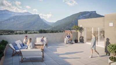 grande terrasse avec vue montagnes d'un très bel appartement dans le programme neuf PANORAMIK à Voreppe du promoteur KATRIMMO
